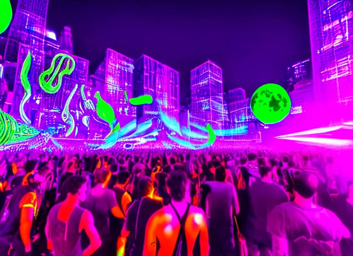 Prompt: a music festival in neon street in new york's park avenue, street lamp neon laser show, highly detailed crowd of people, 5 dj stages in the style of tomorrowland, highly symmetrical, purple moon with powerful aura, massive scale, highly detailed, intricate fine lines, hd, unreal engine