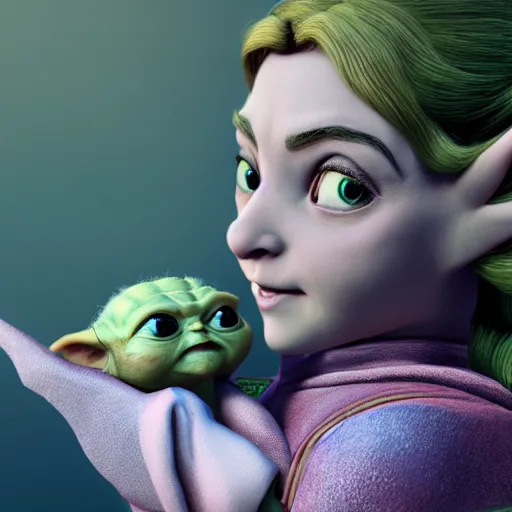 Prompt: real vintage photo, zelda the princess holding baby yoda in her arms, detailed, hyper realistic, 4 k octan render, unreal 5