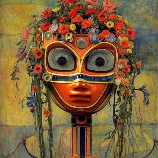 Image similar to a painting of a robot wearing a mask made of flowers, by annie swynnerton and diego rivera, symbolist, dramatic lighting, elaborate geometric ornament, art brut, soft cool colors, smooth, sharp focus, extremely detailed, adolf wolfli