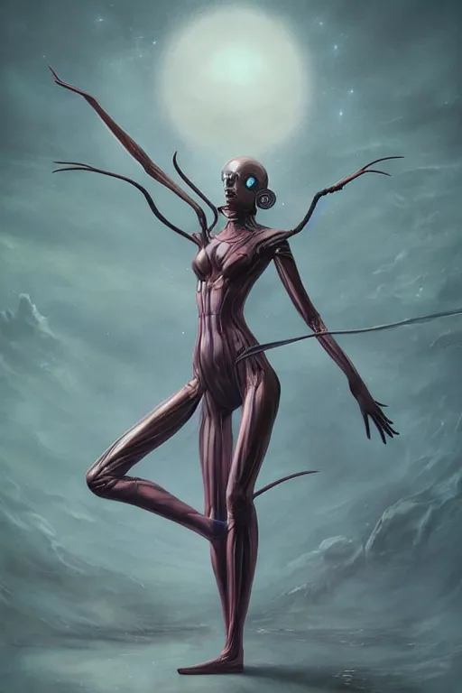 Prompt: portrait of an elegant alien spider queen, long legs, many legs, spindly legs, full body character concept art, by artgerm, tom bagshaw, gerald brom, vaporwave colors, lo - fi colors, vaporwave, lo - fi, moody vibe, goth vibe, 4 k, hd,