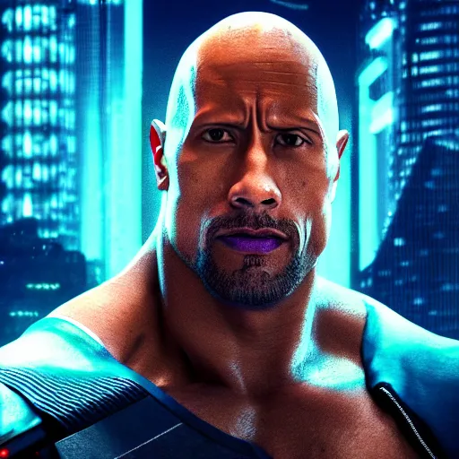 Image similar to dwayne johnson portrait, cyberpunk 2 0 7 7, photorealistic, ultra detailed, neon, octane, bokeh, cinematic lighting, cyber, cyberpunk city, studio quality, feature, scars, cyberface, 8 k