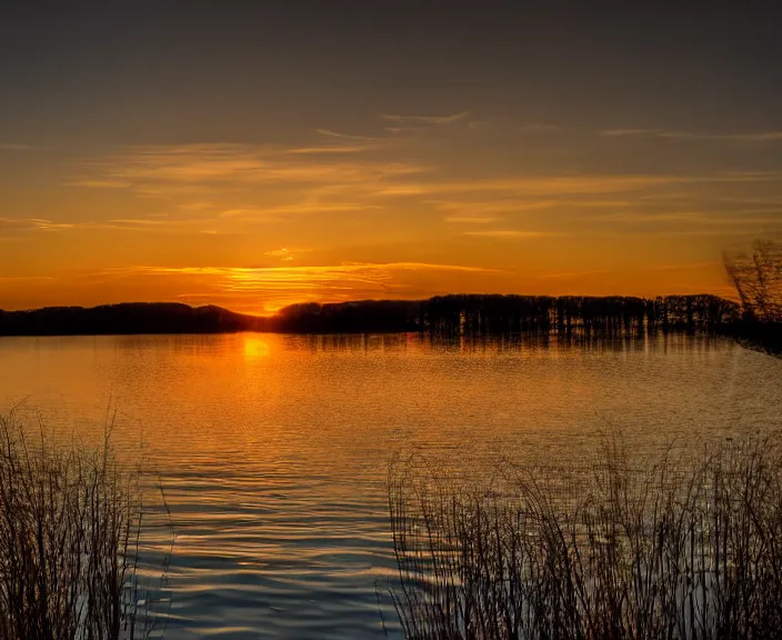 Image similar to 4 k hd, high detail photograph of sunset over the lake, shot with sigma f / 4. 2, 2 5 0 mm sharp lens, wide shot, consistent, volumetric lighting, high level texture render