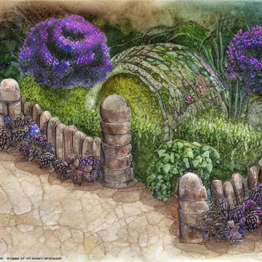 Image similar to delicate boundary walls coastline garden on paper, spirals, stony, floating, puffy, vines, botanical herbarium, botanic watercolors, iridescent, 8 k wide angle, realistic shaded, fine details, artstation, italian, rainbow, colonnade, oak, pinecone, pomegranade, vines, gardena architecture, pompeian, sicilian