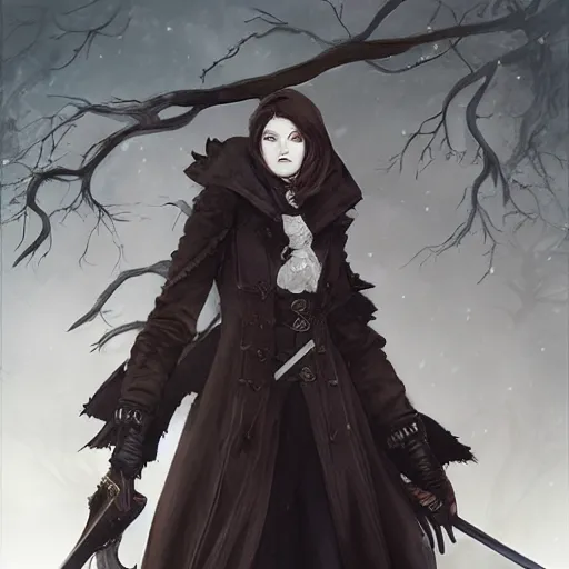 Image similar to female bloodborne hunter, long coat, by charlie bowater, loish, artgerm, krenz cushart, wlop, ilya kuvshinov, range murata