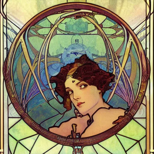 Prompt: A Stargate to new worlds by Mucha