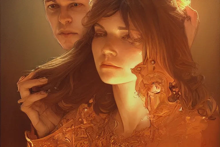 Image similar to portrait of tinfoil hat man in orange t - shirt behind his wife, feelings, romantic, fantasy, intricate, elegant, highly detailed, digital painting, artstation, concept art, smooth, sharp focus, illustration, art by artgerm and greg rutkowski and alphonse mucha