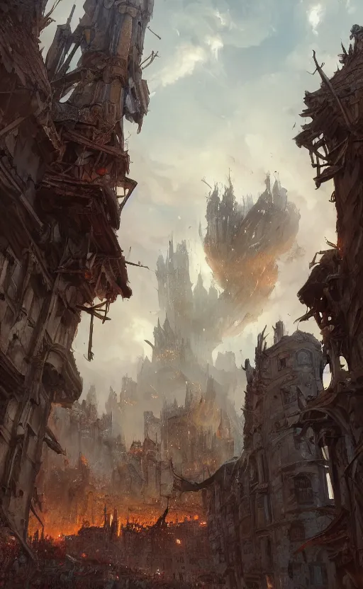 Image similar to a beautiful artwork illustration, a giant monster stepping on a medieval village, destruction, by Greg Rutkowski and Jesper Ejsing and Raymond Swanland, featured on artstation, wide angle, vertical orientation