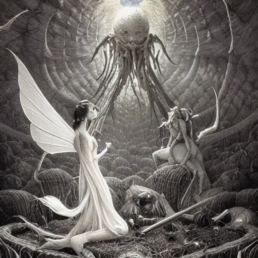 Image similar to fairies, different sizes, big, small, dark, particles, by Ross Tran, Basil Gogos, Laurie Lipton, Zdzisław Beksiński, Junji Ito, Laurie Lipton, and Michael Whelan, distant, gustav dore, H.R. Giger, 8k, hd, 4k, hyper, realistic, render