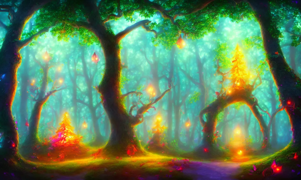 Image similar to enchanted magical forest on magical colorful fire , digital painting , digital art , artstation , devian art , 4k , HD