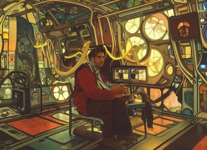 Prompt: a man sitting on a chair with things attached to his head, screens and monitors in front of him playing videos, ship interior, narrow hallway, scifi colors, dramatic lighting, dark, spotlight, surreal, by rutkowski, fuji choko, alphonse mucha