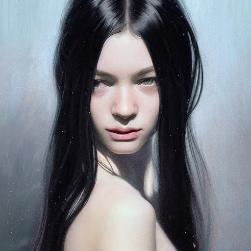 Image similar to portrait of teenage girl with long glossy black hair, glowing skin, delicate features, victoria wallace, stoya, fantasy, intricate, elegant, dress shirt and tie, highly detailed, digital painting, artstation, concept art, smooth, sharp focus, illustration, art by Krenz Cushart and Artem Demura and alphonse mucha