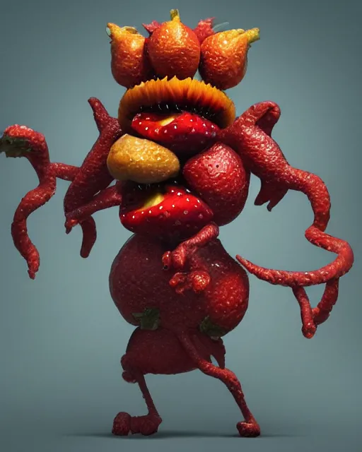 Image similar to a fruit figurine monster made of different fruit, concept art, oil painting, highly detailed, dramatic lighting, hyperrealistic, 8 k, artstation, cgsociety