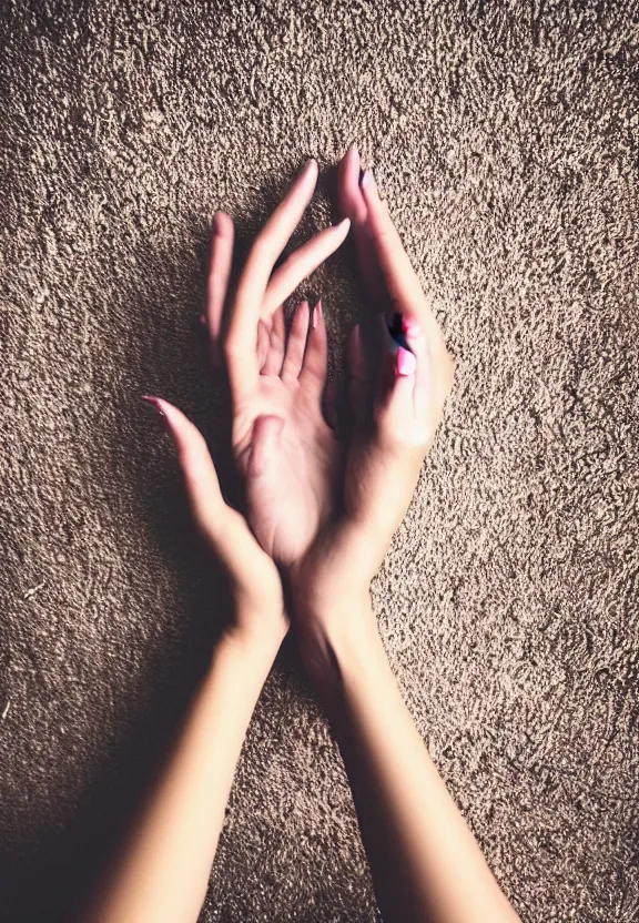 Prompt: an instagram photo of one ultra detailed woman's palm held against the floor, instagram photo, studio photo