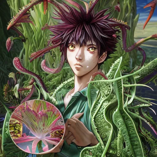 Prompt: the portrait of a beautiful, elegant, succulent venus flytrap man, hyperrealistic anime illustration by kim jung gi, extremely detailed intricate linework, reflective eyes, smooth, super sharp focus, bright colors, high contrast, matte, octopath traveler, unreal engine 5 highly rendered, global illumination, radiant light, 8 k
