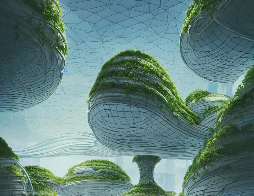 Prompt: beautiful futuristic architecture with organic shapes, plants growing on it. gouache, limited palette, by award - winning mangaka, backlighting, depth of field.