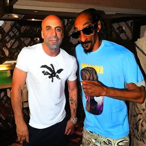 Image similar to joe rogan and snoop dogg chilling in aruba