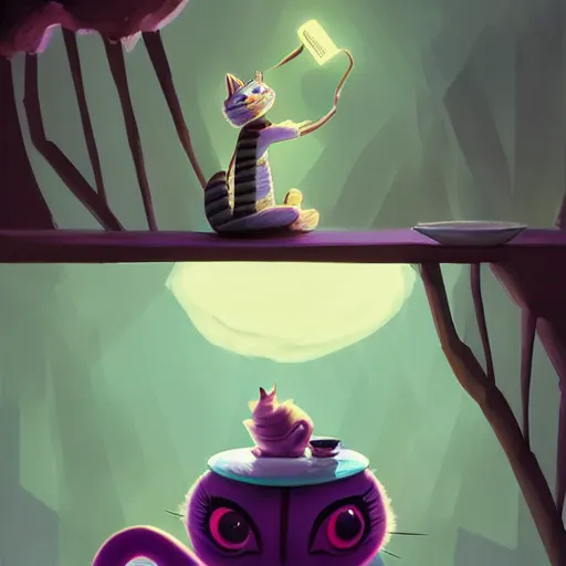 Image similar to cheshire cat drinking tea, in the style of atey ghailan and james gilleard and goro fujita, exquisite lighting, art, very coherent, trending on artstation