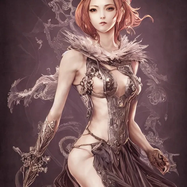 Prompt: portrait of lawful evil sorceress archetype personified as an absurdly beautiful, graceful, elegant, sophisticated, young gravure idol covering herself, an ultrafine hyperdetailed illustration by kim jung gi, irakli nadar, detailed, faces, intricate linework, bright colors, octopath traveler, final fantasy, unreal engine highly rendered