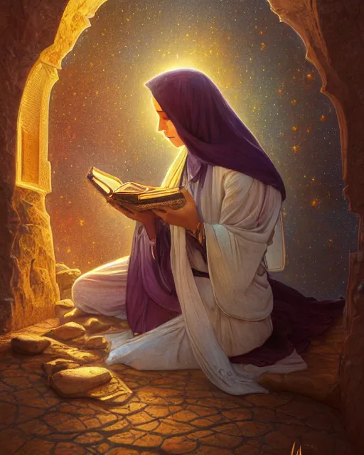 Image similar to an open quran on an old stone in the desert surrounded by nebula, highly detailed, gold filigree, romantic storybook fantasy, soft cinematic lighting, award, disney concept art watercolor illustration by mandy jurgens and alphonse mucha and alena aenami, pastel color palette, featured on artstation