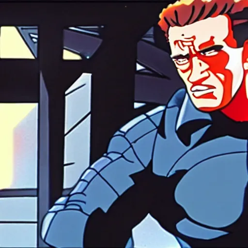 Prompt: Arnold Schwarzenegger as the Terminator, Anime Adaptation of the Police Station Scene