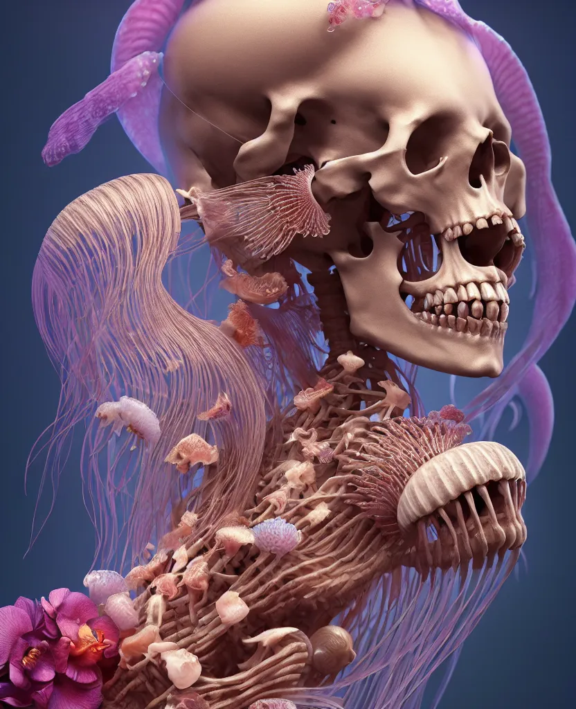 Image similar to goddess close - up portrait human skeleton, ram skull, jellyfish, orchid, betta fish, bioluminiscent, intricate artwork by tooth wu and wlop and beeple. octane render, trending on artstation, greg rutkowski very coherent symmetrical artwork. cinematic, hyper realism, high detail, octane render, 8 k