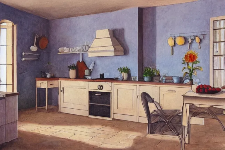 Image similar to Photography of modern Provence style kitchen with cat on the table, photorealism,