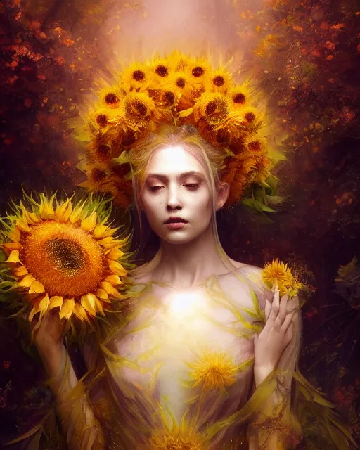 Image similar to Full View Portrait Mystical ethereal sunflower deity wearing beautiful dress, sunflower Dryad beautiful dress, 4k digital masterpiece by Greg Rutkowski and Ruan Jia and rossdraws, Alberto Seveso, fantasycore, Hyperdetailed, realistic oil on linen, soft lighting, Iconography background, featured on Artstation