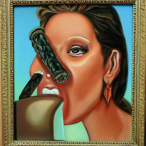 Prompt: female figure sniffing a cigar portrait painting surreal, art by Joan Selder, Surrealism