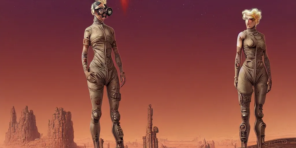 Image similar to tattooed stoic injured dirty blonde butch emotionless woman engineer, with very short slicked - back hair, wearing victorian goggles, primitive desert planet with red dust storms, gigantic ancient alien temple in background, highly detailed, digital painting, artstation, concept art, matte, sharp focus, illustration, art by artgerm and greg rutkowski and alphonse mucha