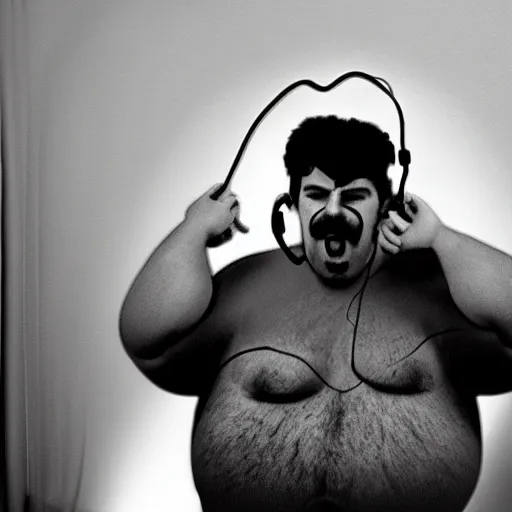 Image similar to obese Freddie Mercury wearing a headset yelling at his monitor while playing WoW highly detailed wide angle lens 10:9 aspect ration award winning photography by David Lynch esoteric erasure head