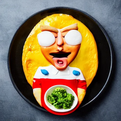 Prompt: Donald Trump anthropomorphic omelette, food photography