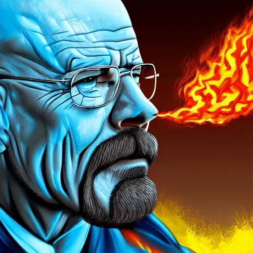 Image similar to buff Walter White kicking blue fire, accurate anatomy, accurate hands, highly detailed, digital art, epic, masterpiece,