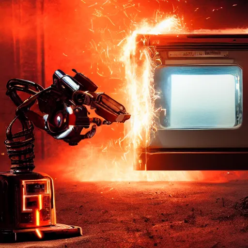 Image similar to toaster oven terminator robot, dark messy smoke - filled cluttered workshop, dark, dramatic lighting, orange tint, sparks, plasma charge, cinematic, highly detailed, sci - fi, futuristic, movie still