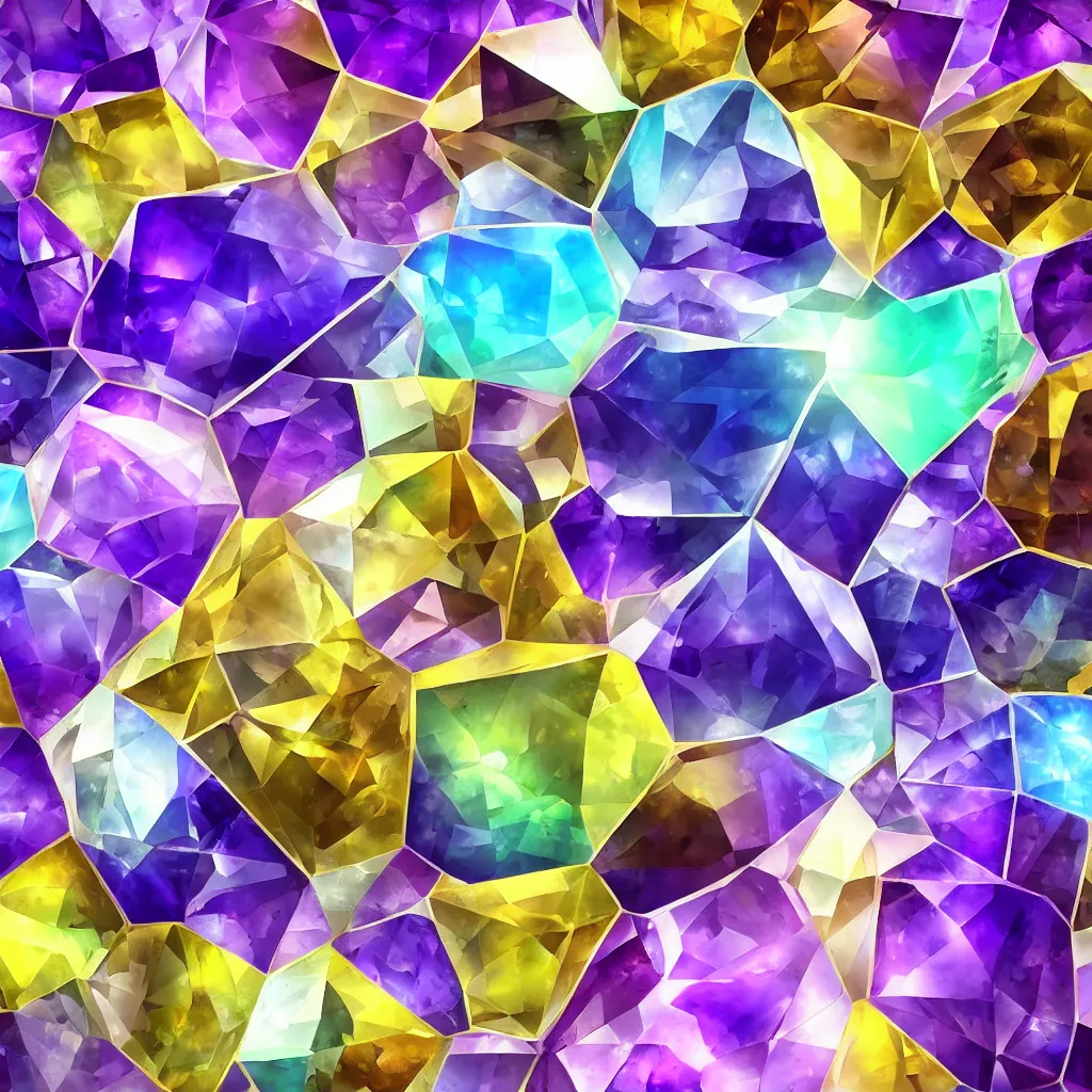 Prompt: amethyst geo gemstone prism multicolor gold liquid emeraud pearl quartz saphir grenat fluorite stylized digital illustration video game icon global illumination ray tracing advenced technology