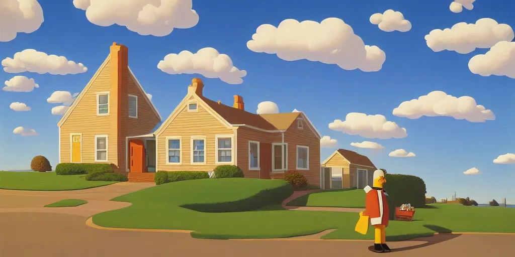 Image similar to homer simpson andthe simpsons house clouds, blue sky, summer evening, kenton nelson
