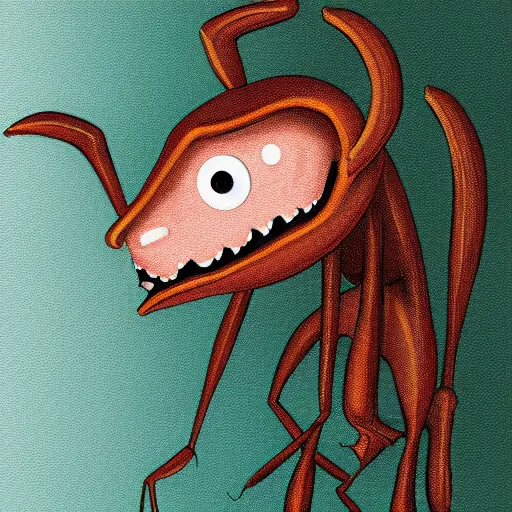 Image similar to cartoon vampire ant with big teeth, painted in the style of a cozy mystery book cover