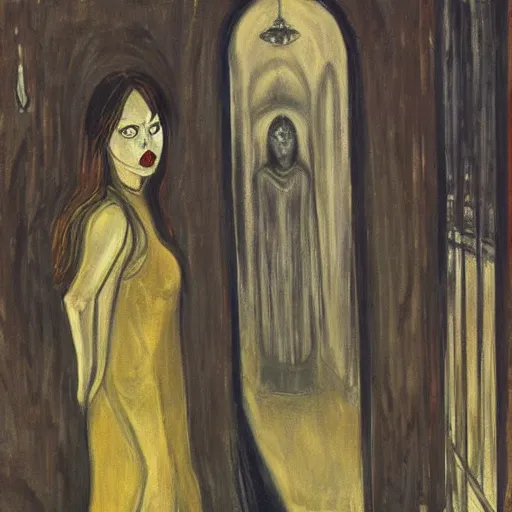 Prompt: oil painting of gothic princess in a creepy manor | by Junji Ito | by Edvard Munch | detailed