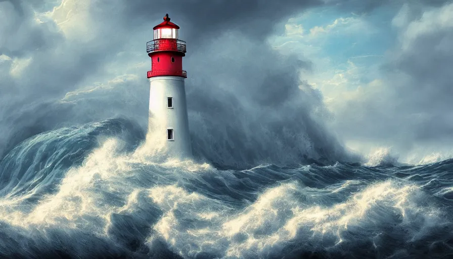 Image similar to a lighthouse being struck by a huge wave out at sea, digital art, highly detailed, realistic, bright colors, 8 k