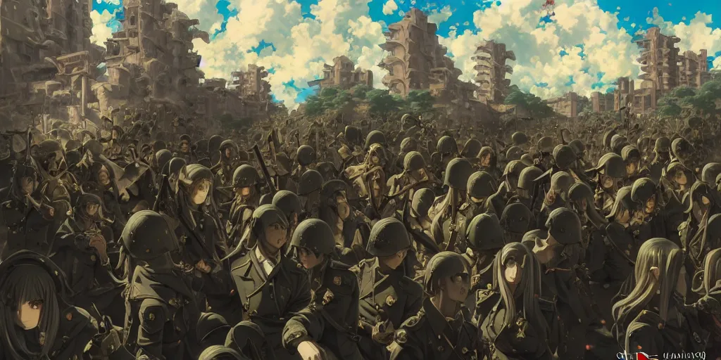 Image similar to baroque acrylic painting, anime key visual concept, brutalist fantasy world war 2 germany with anime maid soldiers, dictator fascist nationalist propaganda, rule of thirds golden ratio, fake detail, trending pixiv fanbox, style of makoto shinkai ghibli takashi takeuchi yoshiyuki sadamoto jamie wyeth james gilleard greg rutkowski chiho aoshima