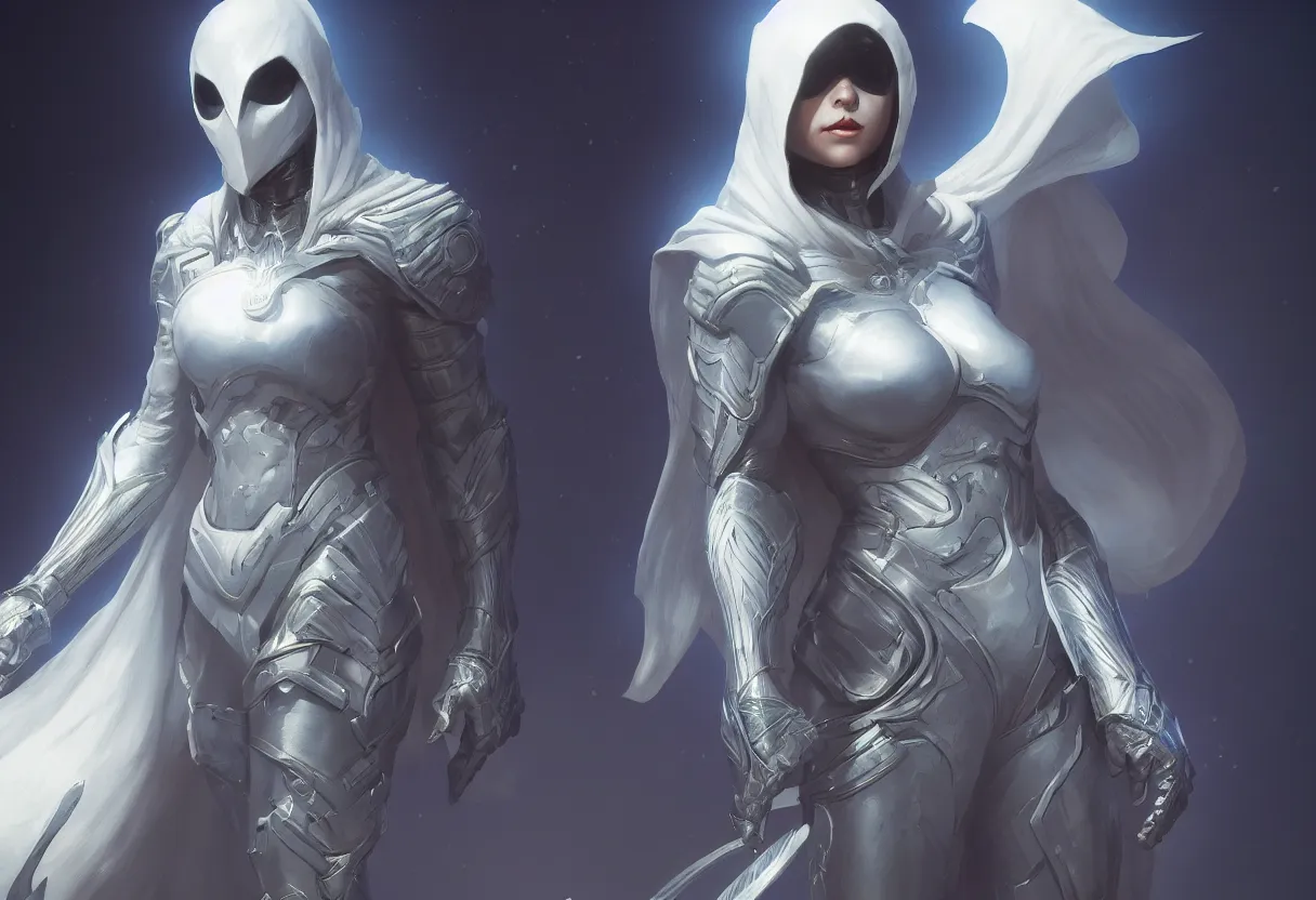 Image similar to female moon knight, hyper detailed, digital art, trending in artstation, cinematic lighting, studio quality, smooth render, unreal engine 5 rendered, octane rendered, art style by klimt and nixeu and ian sprigger and wlop and krenz cushart