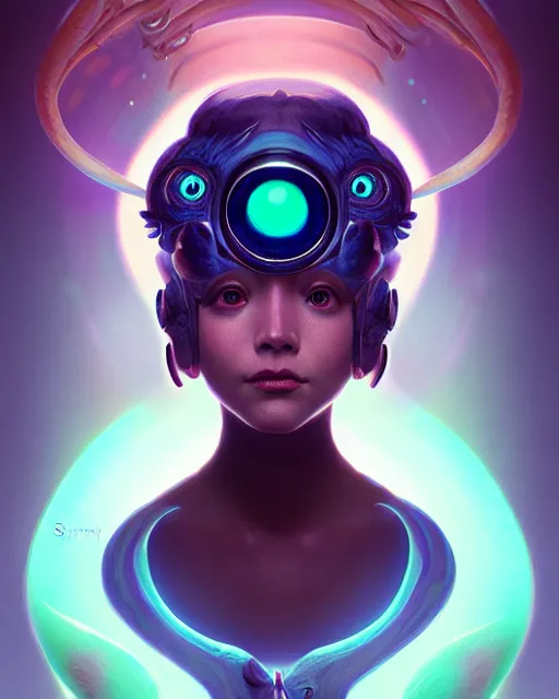 Image similar to one singular portrait of a cute bioluminescent creature with big glowing eyes, highly detailed, digital painting, cinematic, hyper realism, dark retrowave, art by Stanley Lau and Artgerm and magali villeneuve and Alphonse Mucha, artstation, octane render, cgsociety