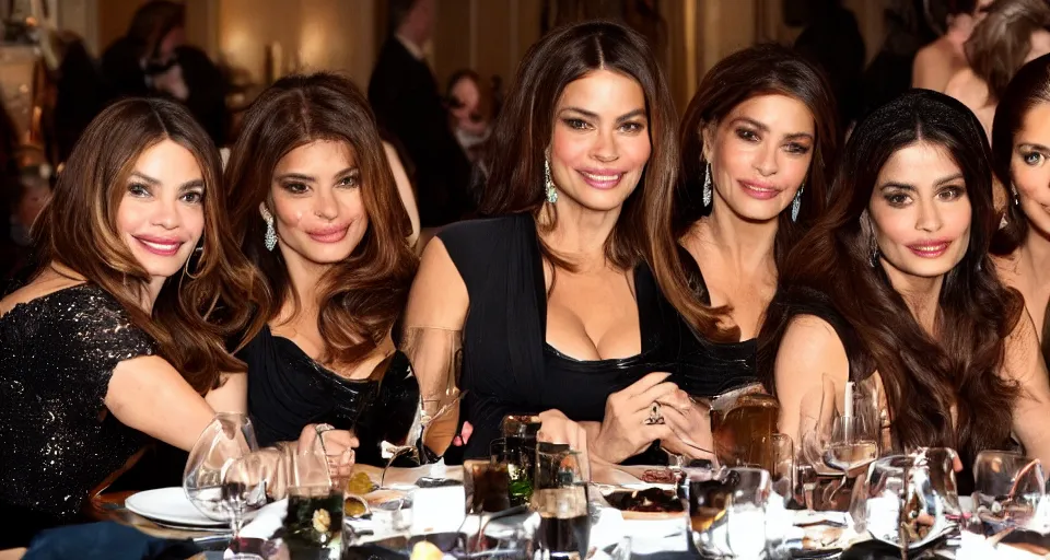 Prompt: candid group photo of sofia vergara and salma hayek and penelope cruz and catherine zeta jones and eva mendes, sitting around a long table at a dinner, laughing