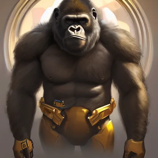 Image similar to science-fiction character portrait of Winston the gorilla from Overwatch, intricate, wild, highly detailed, digital painting, artstation, shoulders up, concept art, smooth, sharp focus, illustration, art by artgerm and greg rutkowski and alphonse mucha