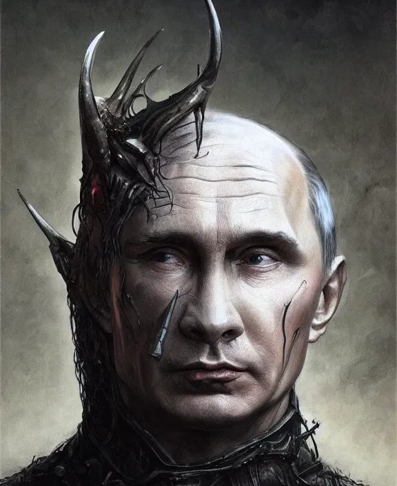 Image similar to portrait of vladmir putin with devil horns by hr giger and beksinski and stephan martiniere, trending on artstation, 4 k resolution, detailed, high quality, hq artwork