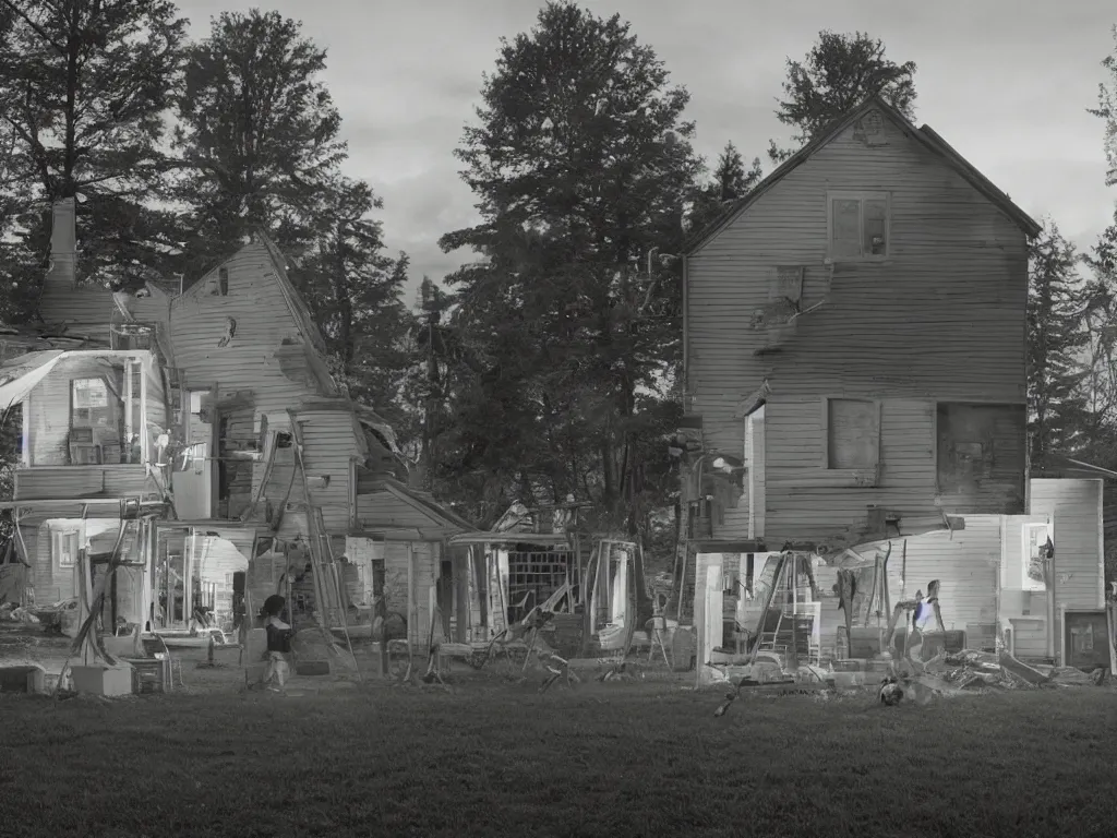 Image similar to a house being 3d printed, photo by Gregory Crewdson