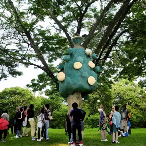 Image similar to composed celadon by hayao miyazaki, by jacob hashimoto. sculpture. a group of people gathered around a large tree in a forest. the tree is surrounded by a bright light, & the people appear to be looking up at it in wonder.