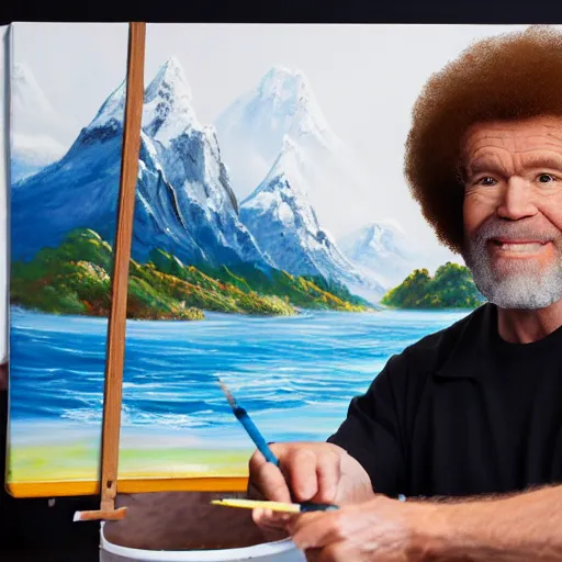 Image similar to a closeup photorealistic photograph of bob ross working on a canvas painting of aquaman. film still. brightly lit scene. mountains and trees. this 4 k hd image is trending on artstation, featured on behance, well - rendered, extra crisp, features intricate detail, epic composition and the style of unreal engine.