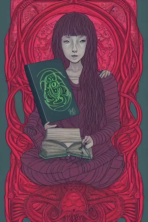 Image similar to ai illustration of romantic girl, her cat and her book of necronomicon, symmetrical, cinematic, sharp focus, 4 k, ultra hd, sense of awe, sinister demonic atmosphere, dreadful, forbidden knowledge, old gods, cthulhu, yog - sothoth! yah, yah, yah! cultist journal cover