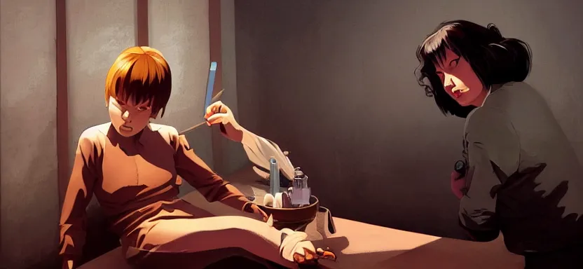 Image similar to a prisoner ready to escape their cell, digital painting masterpiece, by ilya kuvshinov, by frank frazetta, by mœbius, by reiq, by hayao miyazaki, intricate detail, beautiful brush strokes, advanced lighting technology, 4 k wallpaper, interesting character design, stylized yet realistic anatomy and faces, inspired by kill bill animated scene