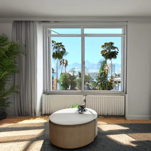 Image similar to a very high resolution picture of a room in an apartment in the 8 0 ’ s, palms from the window, hyper realistic, photography, award winning photography, unreal engine, 8 k,